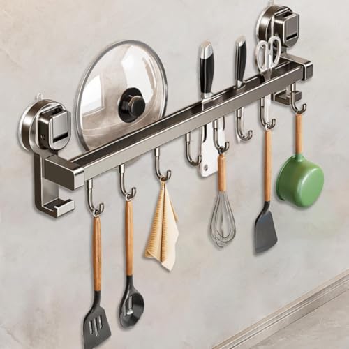 キッチンツールフック WelleGoods ダブルバー キッチン収納ラック 吸盤 強力 アルミニウム 防水防錆 キッチン収納 調理器具 鍋蓋置き キッチンツール 収納 壁掛け 壁傷つけない 40cm 10個可動式フックのサムネイル