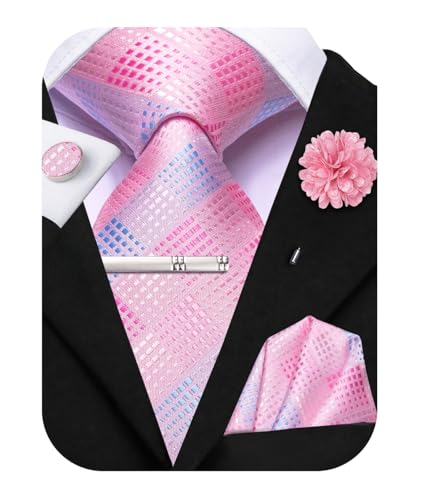 Image of Hi-Tie Mens Light Pink Blue Plaid Tie Silk Woven Necktie and Pocket Square Lapel Pin Silver Tie Clip Cufflinks Set Wedding Business 6PCS
