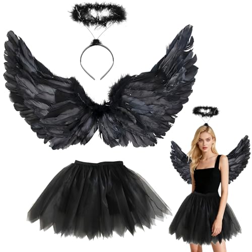YeahBoom 3 Stück Schwarz Engel Kostüm Damen,60cm Engelsflügel Erwachsene mit Heiligenschein,80-130cm Tüllrock Damen,Engelskostüm für Halloween...