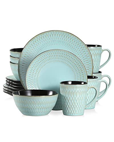 vancasso serie Pluvo Vajillas de 16 Piezas para 4 Personas Vajilla de Cerámica con Tazas Tazones y Platos de Postre, Platos Llanos, Diseño de Línea de Lluvia en Relieve Vajilla Vintage- Cian vancasso serie Pluvo Vajillas de 16 Piezas para 4 Personas Vajilla de Cerámica con Tazas Tazones y Platos de Postre, Platos Llanos, Diseño de Línea de Lluvia en Relieve Vajilla Vintage- Cian