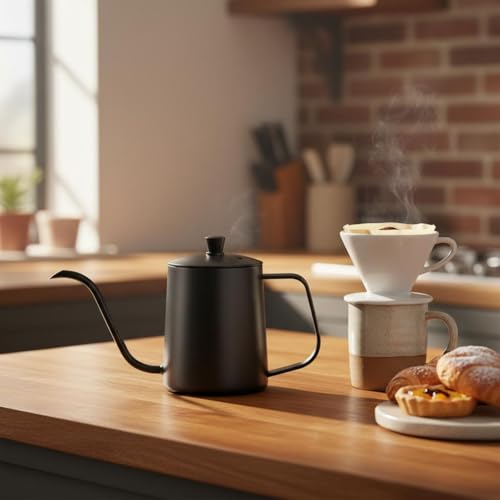 Image of Thickened Body Stainless Steel Gooseneck Kettle Lid Included Mini Coffee Dripper Pot Precise Pouring Long Spout Coffee Kettle Rust Resistant for Home Cafe