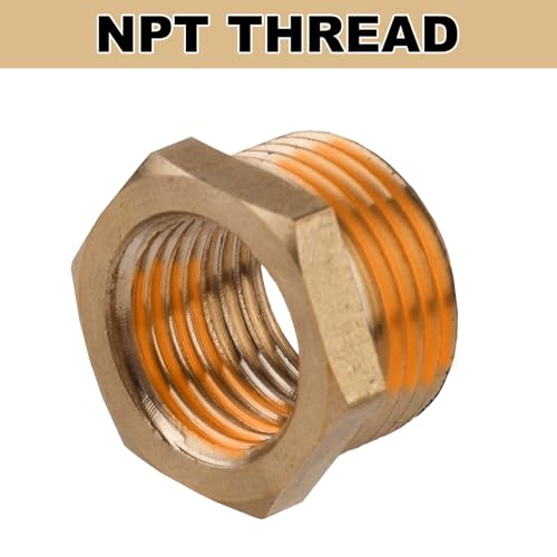 Image of 2pcs 3 /8 Inch Male to 1 /4 Inch NPT Female Reducer Hex Bushing, Brass Reducing Hex Bushing Heavy Duty Threaded Pipe Fitting Coupler Adapter for Plumbing Water Line Gas Hydraulic Systems