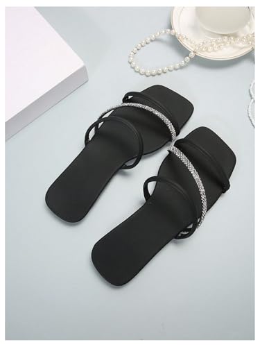 OYOANGLE Women's Rhinestone Sparkly Strappy Slide Sandals Square Open Toe Dressy Slip on Flat Sandal2