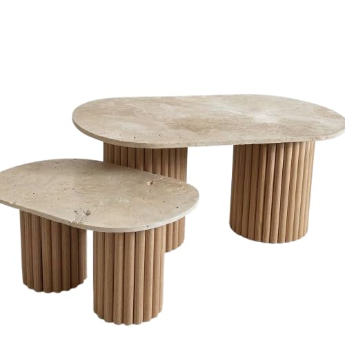 Table Basse Ovale Pilier, VÉRITABLE travertin et Bois cannelé | chêne Brut (Table + Extension)