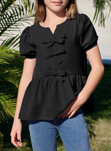 Girls Shirts Cute Puff Sleeve Bow Tie Front Tops Crewneck Babydoll Peplum Blouse 6-15 Years3