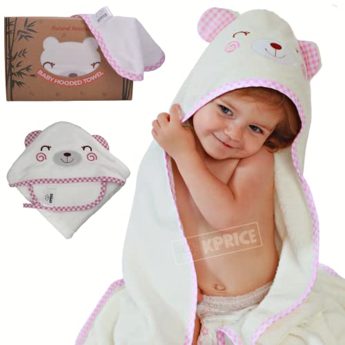 KPRICE | Capa Bano Bebe Oso Chica 90 x 90 | 100% bambú | Franela Ultrasuave | Toallas Bebe Recien Nacido | Toalla de baño | Regalos Original Para Bebe | Toallas bebe Con Capucha (Oso Rosa)