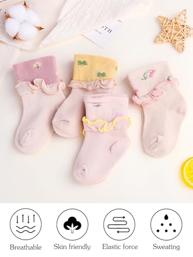 Urieo Baby Crew Socks Toddler Girls Ruffle Socks Flower Comfy Cotton Ankle Socks for 1/2/3T2