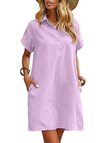 Image of Zeagoo Womens Cotton Shirt Dress Summer Casual Short Sleeve Button Down Beach Cover Up Shirts with Pockets