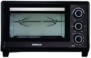Havells OTG 28R BL - 28 Litre 1500 Watt With 60 min timer, Rotisserie, Inner Lamp, Toughened Double Glass Door, 6 Heating Modes, 4 Skewer rods, Enamelled coated Baking Tray & 2 year warranty (Black)