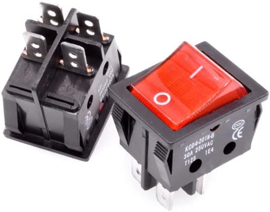 30A 250V High Current Rocker Switch CD4 | 30A 250V high current rocker switch, 2pcs, 4/6 pin, red copper, 22x29mm.(4P Red LED)