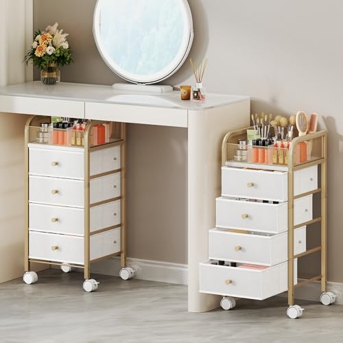 SWTYMIKI Rolling Makeup Organizer Cart - Under Desk Vanity Makeup Storage with 4 Non-woven Drawers, Nail Cart Organizer Cosmetic Display Cases Cabinet for Skin Care Perfume Nail Polish Brush Hair Tool