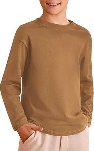 ZDC Kids Boys Long Sleeve T Shirts Crewneck Tops Fashion Basic Tee Clothes 5-14 Years Brown