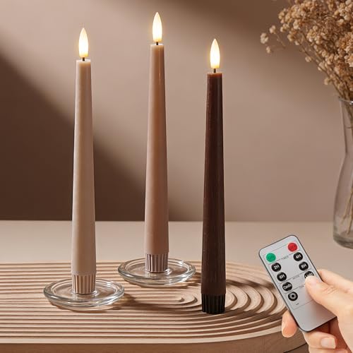 Image of Brown Flameless Taper Candles with Remote, 9.6 Inches Real Wax Battery Operated Candles, 3 Pack Flickering LED Candlesticks, Tall Taper Fake Candles for Home, Wedding, Party