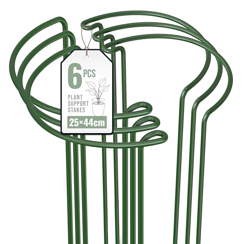 6 Pack Plant Support Stakes 25×44cm Metal Plant Supports Ring Cage for Garden Sturdy Half Round Garden Plant Supports for Vegetable Tomatoes Peony Roses Lavender Flowers