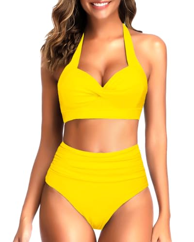 Image of Tempt Me Women Two Piece Swimsuit High Waisted Bikini Halter Vintage Retro Bathing Suit Push up Swimwear