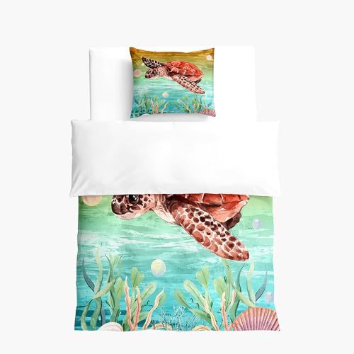 Hixingo Lindo Ropa de Cama 2 Piezas para Niños,3D Tortuga Marina Estampado Funda Nordica y Funda de Almohada,Ropa de Cama de Microfibra (Algas,150x200+50x75 cm)