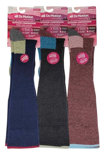 Dr. Motion Compression Knee High Socks (3 Pairs), Arch Support Outdoor Running Hiking Socks for Women (US, Numeric, 9, 11, Regular, Regular, AST#3)