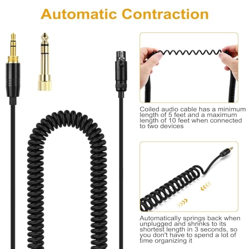 Ersatzkabel Spiralkabel für AKG K702, Q701, K712, K240, K271 Kopfhörer - Audiokabel mit 6,35mm Adapter & vergoldeten Steckern, beyerdynamic DT 1990 Pro, DT 1770 Pro, DT 990 Pro X Audio Kabel