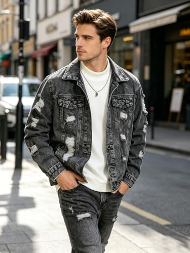 Image of Men's Denim Jacket Patchwork Fringe Jacket Slim Jean Jacket Streetwear Coat