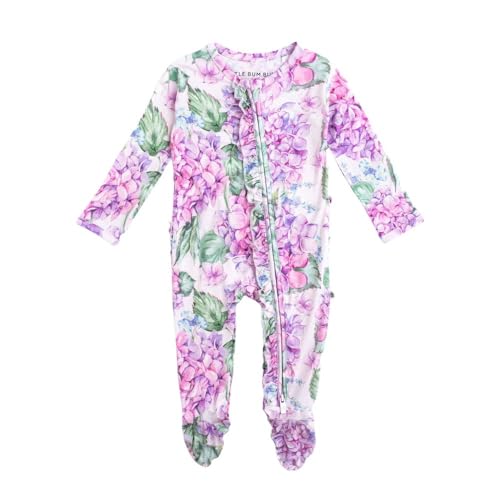 Bums & Roses Bamboo Baby Ruffle Footies | Soft Spandex and Viscose from Bamboo | Two-way Zipper for Easy Change | You Had Me At Hydrangea (Ruffle), 9-12M