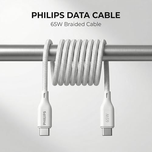 Image of PHILIPS DLC4130CW /94 65W Type-C to Type-C Fast Charging Cable (1m, Bright White) | Nylon Braided | Compatible with iPhone 15+ Series, USB-C iPad Models, Samsung Galaxy & All Type C Devices