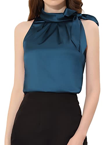 Allegra K Blusa Elegante de Satén Mujer Camisas sin Mangas con Lazo Y Cuello de Pajarita Chaleco Elegante Azul eléctrico L
