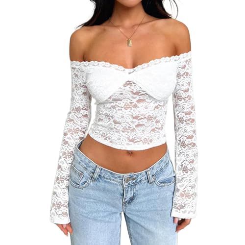LOFAAC Women Off Shoulder Floral Lace Going Out Crop Tops Sexy Slim Long Sleeve See Through Backless Crop Blouse Shirts