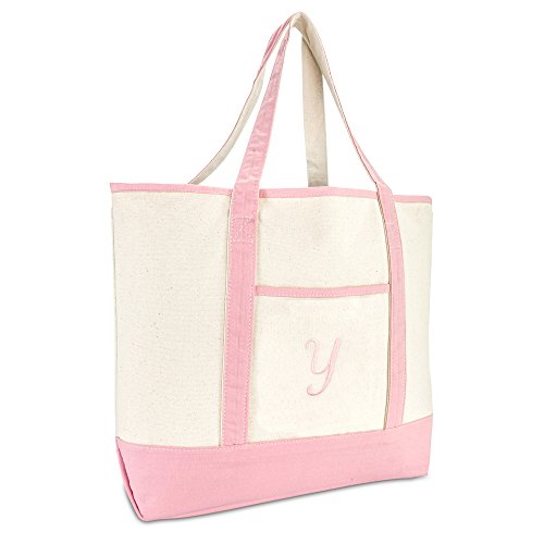 DALIX Women's Cotton Canvas Tote Bag Large Shoulder Bags Pink Monogram Y