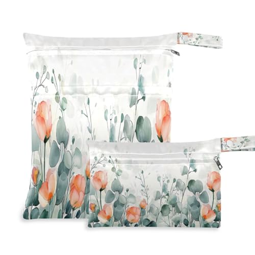 ATTX Watercolor Flowers Wet Dry Bags 2-Pack - Reusable Cloth Diaper Storage for Travel, Beach & Gym | Multi-Use Waterproof Bags for Swimsuits, Baby Clothes, Sports Gear#117