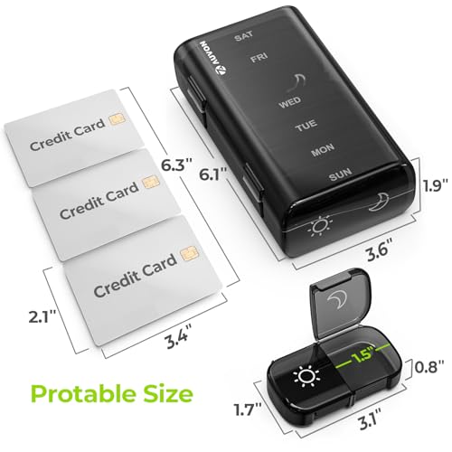 auvon xl weekly pill organizer 2 times a day pill box 7 day with one-side large openings for easy to use black privacy protection am pm pill case for medication vitamins fish oils supplements