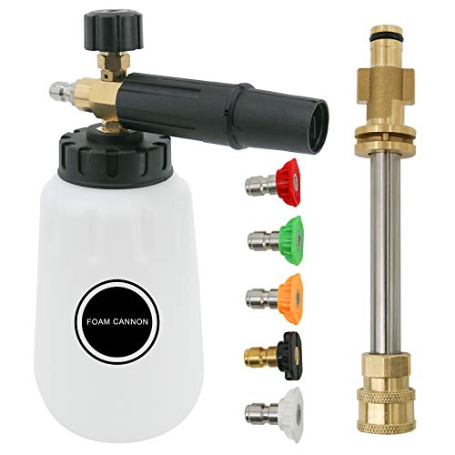 Finderomend Foam Cannon,1 Liter Capacity Bottle Adjustable Snow Foam Lance with 1/4 Inch Quick Connector and 5 Pressure Washer Nozzle Tips,Replacement Parts for Sun Joe SPX Series Pressure Washer
