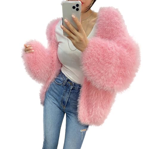 Damen Mohair Langarm Pullover,Kaschmir Pullover Herbst Winter Cardigan,Cashmere Flauschige Top Lose Strickwaren (DE/NL/SE/PL, Alphanumerisch, Einheitsgröße, Regular, Regular, Rosa)