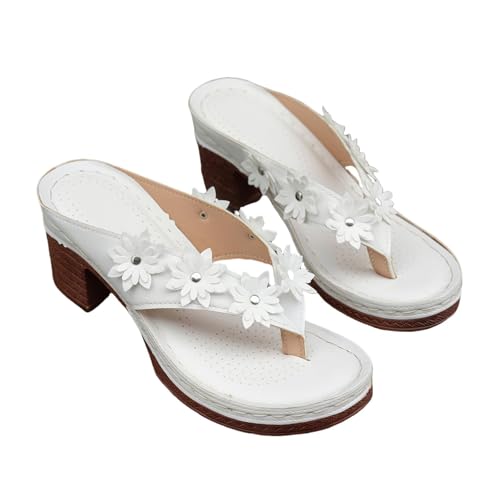 Floral Sandals for Women 7cm Block Heel Separator Slippers Summer Non Slip Flip-Flops Beach Shoes