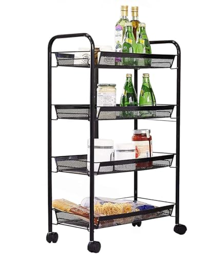 Image of KRISHYAM 4-Tier Slim Rolling Utility Cart, Metal Mesh Storage Trolley with Wheels, Carbon Steel Kitchen Fruit & Vegetable Stand Organizer (4-Layer Rectangular)