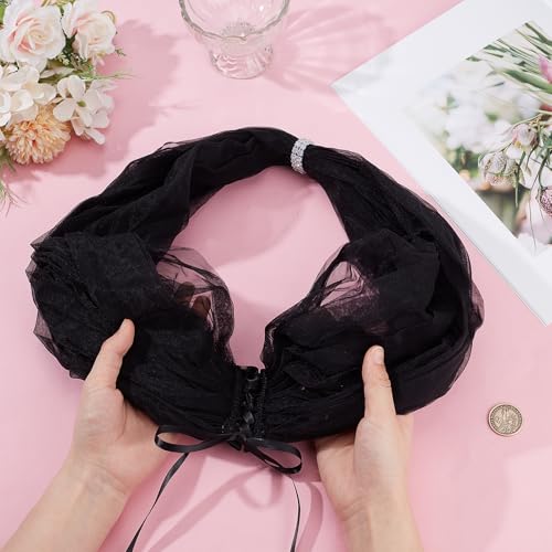 NICENEEDED Bridal Detachable Tulle Shawl, Black Wedding Strapes Puffy Dress Scarf Sleeve Shawls, Removable Shoulders Cover Up Accessory for Wedding Costume3