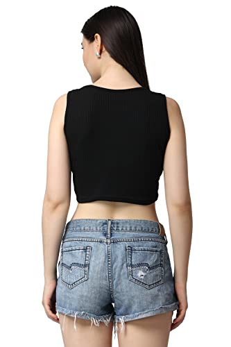 Image of POPWINGS Casual Solid Ribbed Crop Top for Women || Sleeveless & V-Neck Crop Tops for Women Black