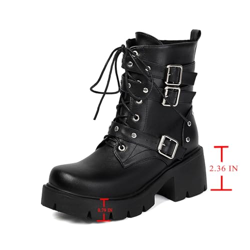 Image of FOREADA Goth Boots Chunky Heel Boot For Women Ankle Combat Booties Black Platform Bootie Buckle Rivets Punk Goth Shoes With Zipper