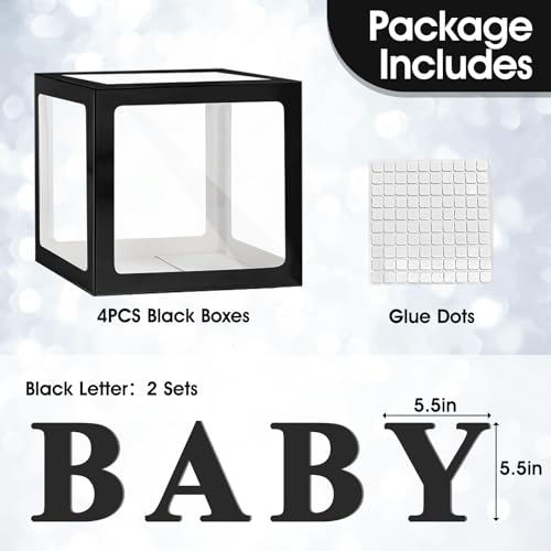 Image of Ledido Baby Boxes with Letters for Baby Shower Decorations, 4 pcs Clear Balloon Boxes with Letters for Boys Girls Gender Reveal Decorations Birthday Wedding Backdrop Party (Black)