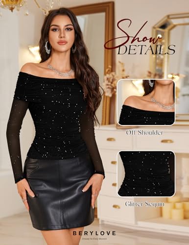 BeryLove Sequin Off Shoulder Mesh Top for Women Going Out Fall Long Sleeve Shirt2