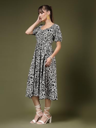 Image of OOMPH! Below Knee Shift Pink Dress in Crepe Fabric with Round Neck and Puff Sleeves - md619l