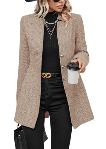 chouyatou Women's Business Casual Herringbone Wool Coat Button Up Notch Collar Dressy Blazer Jacket (X-Large, Khaki)