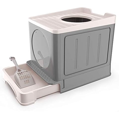 IKARE Cat Litter Tray Double Door Cat Litter Tray, Front Entrance and Upper Exit, Large Cat Litter Tray with Cat Litter Tray 34 x 48 x 39 cm (Grey) Cover