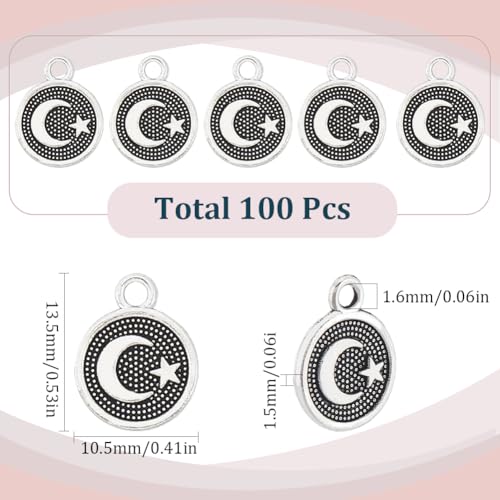SUNNYCLUE 1 Box 100Pcs Silver Moon And Star Charms Crescent Moon Charm Bulk Tibetan Style Alloy Plated Beads Metal Round Charm for Jewellery Making Charms Supplies DIY Necklace Bracelet Earrings Adult - Image 2