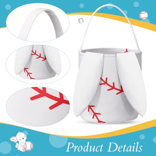 Image of Kacctyen Easter Baseball Bunny Basket Easter Sports Baskets with Rabbit Ears Tote Easter Snack Bags for Easter Egg Hunt Game