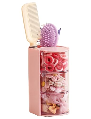UFORU Hair Accessories Organizer with Hair Brush Holder 3 Drawer Rotatable Hair Tie Organizer for Makeup Brushes Hair Clips Earrings Necklaces Bracelets and Hair Accessories Pink 3-Layer