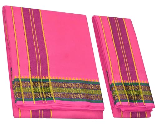 Image of TUNI MANI Men's Panchakacham Dhoti with Angavasthram with Zari Border, Cotton, Size: 9 X 5 (4.0mtr Dhoti, 2.25mtr Towel)
