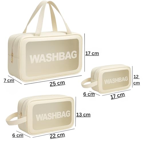 Image of Gritty Wash Bag Pouch for Travel Kit Toiletry Bag Cosmetic Bag Make Up Box for Brushes, Accessories with Handle, Large Capacity Waterproof Travel Storage Organizer Set of 3(Beige)