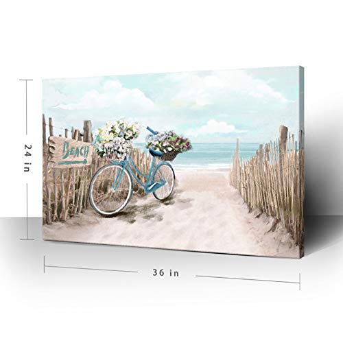 Large Wall Art for Living Room Décor Beach Picture Wall Art Modern Framed Sea Seaside Bicycle Canvas Print Seascape Artwork Ocean Painting for Home Bedroom Teal Aqua Turquoise 36x24inch - Image 2
