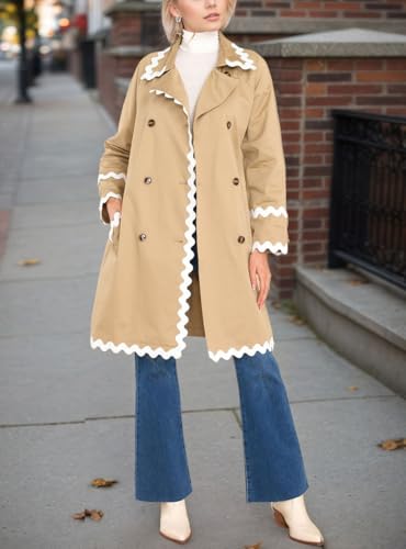 Chouyatou Women's Light Khaki Double Breasted Trench Coat with Ric Rac and Belt, Large - Image 3