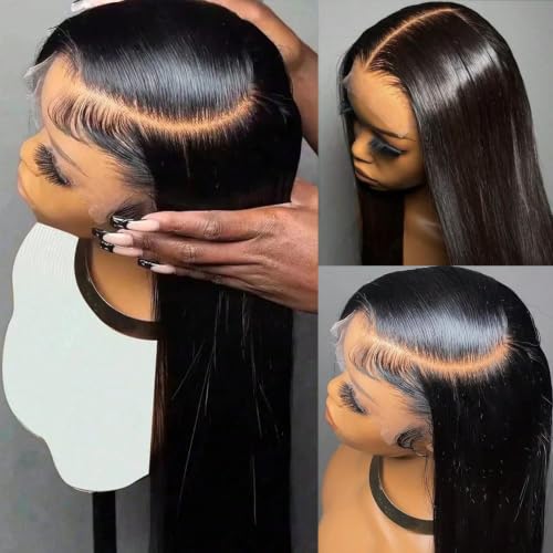 Fugady 13x6 Black Glueless Straight Lace Front Wig Pre Plucked 200% Density Synthetic Wig With Natural Hairline HD Transparent Lace Frontal Wigs For Women Long Jet Black Lace Wig 26 Inches